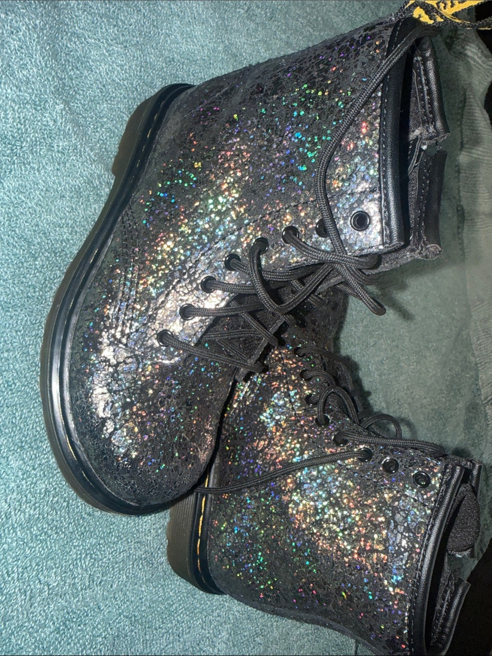 Dr. Martens Kids Black Metallic Crackle Lace-Up Boots with Iridescent Sheen